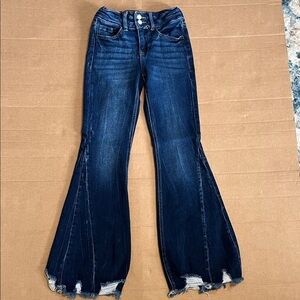 KanCan Dark Blue Flared Girls Jeans with Raw Hem High Rise Adjust Waist Size 8